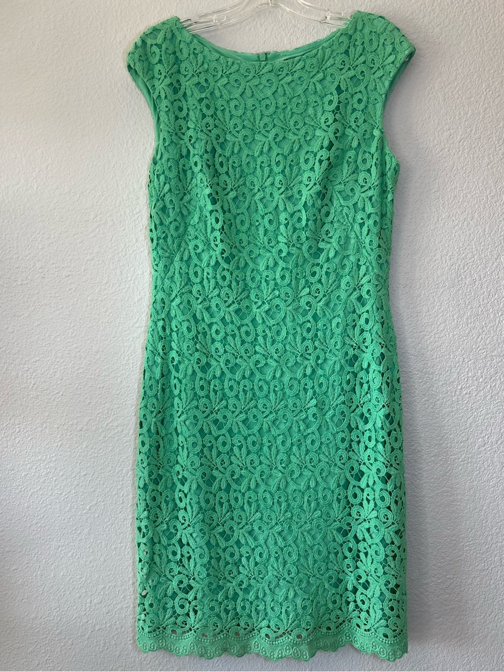 Lauren Ralph Lauren Green Scalloped Hem Crochet Lace Sheath Dress 10 Cap Sleeves